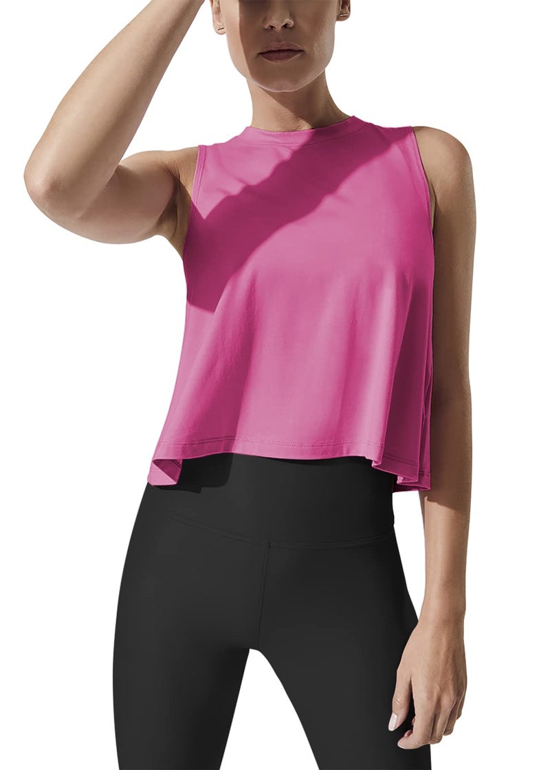 Mippo Workout Tops for Women High Neck Tank Cropped Workout Top Womens Muscle Tank Athletic T Shirts Crop Tees Fuchsia S - Image 1